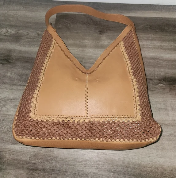 HOBO‎ Daisy Brown Crochet 100% Cow Leather Cotton Shoulder V Bag - Picture 4 of 10